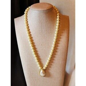 Monet Faux Pearl Teardrop Pendant Necklace–10" Drop–Vintage Gold Tone Elegant